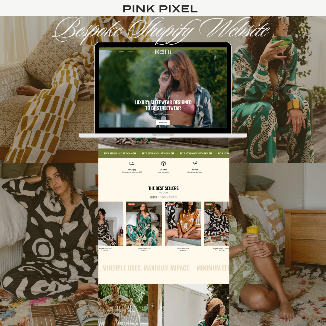 Screenshot of KENI Sleepwear Shopify website, featuring a clean, minimalist design with soft neutral tones, easy navigation, and a luxurious shopping experience optimized for mobile and desktop